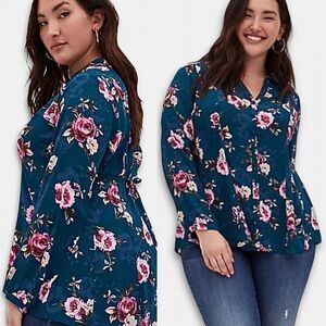 Torrid Harper Teal Floral Long Sleeve Tie Back Blouse Sz OX 1X XXL